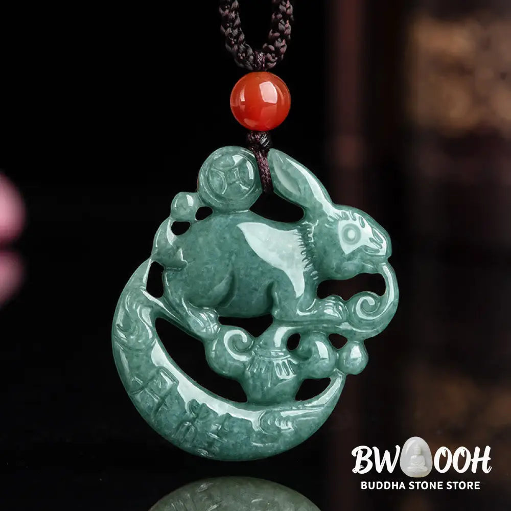 BWOOOH handcrafted Year of the Rabbit Jade Luck Crescent Moon Necklace Pendant: a polished natural jade (31x26x5.5mm) with subtle rabbit carving, on a 50cm chain. Unisex design for prosperity, protection, and spiritual balance. - View 2