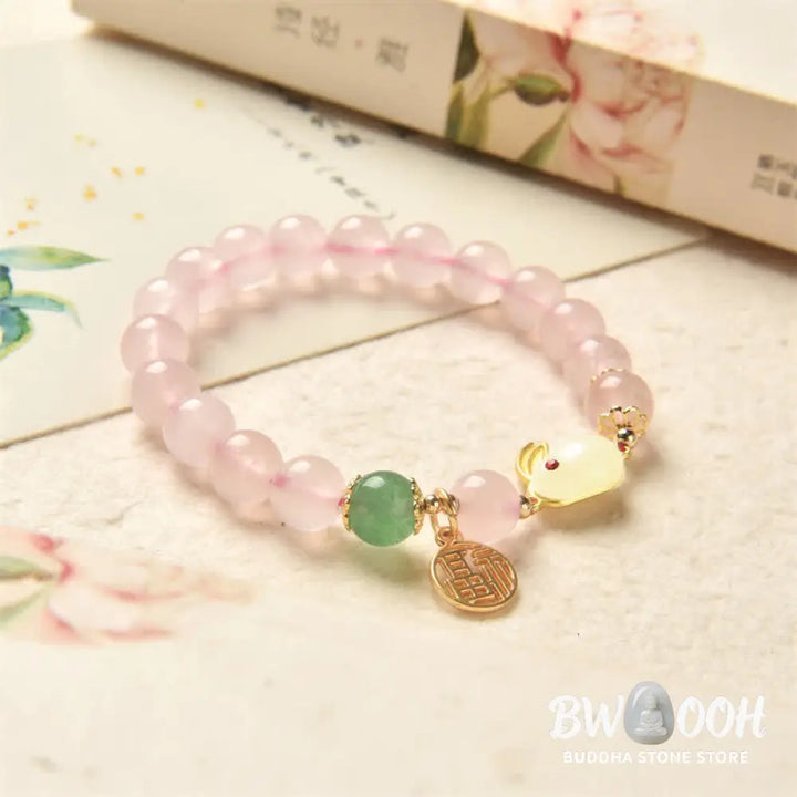 Year of the Rabbit Natural Pink Crystal Green Agate Bunny Love Happiness Bracelet - BWOOOH - Pink
