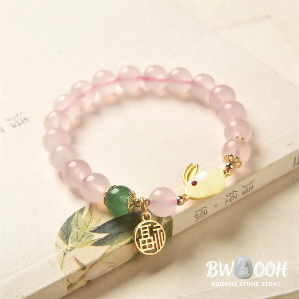 Year of the Rabbit Natural Pink Crystal Green Agate Bunny Love Happiness Bracelet - BWOOOH - Pink