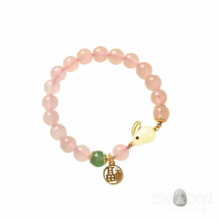 Year of the Rabbit Natural Pink Crystal Green Agate Bunny Love Happiness Bracelet - BWOOOH - Pink