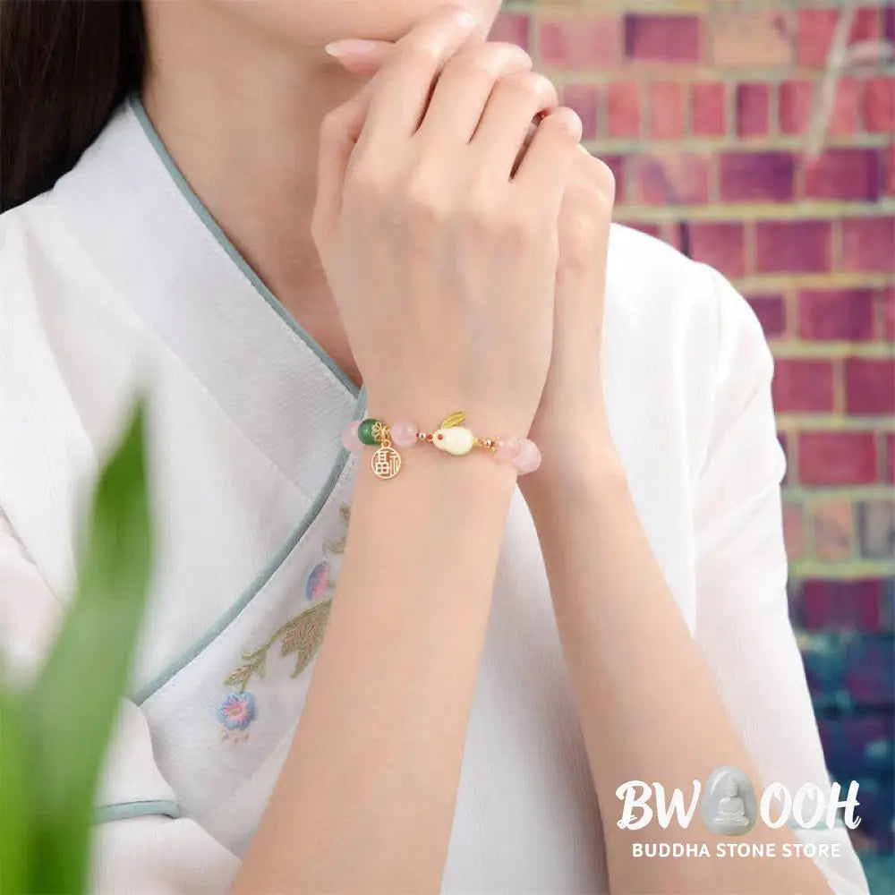 Year of the Rabbit Natural Pink Crystal Green Agate Bunny Love Happiness Bracelet - BWOOOH - Pink