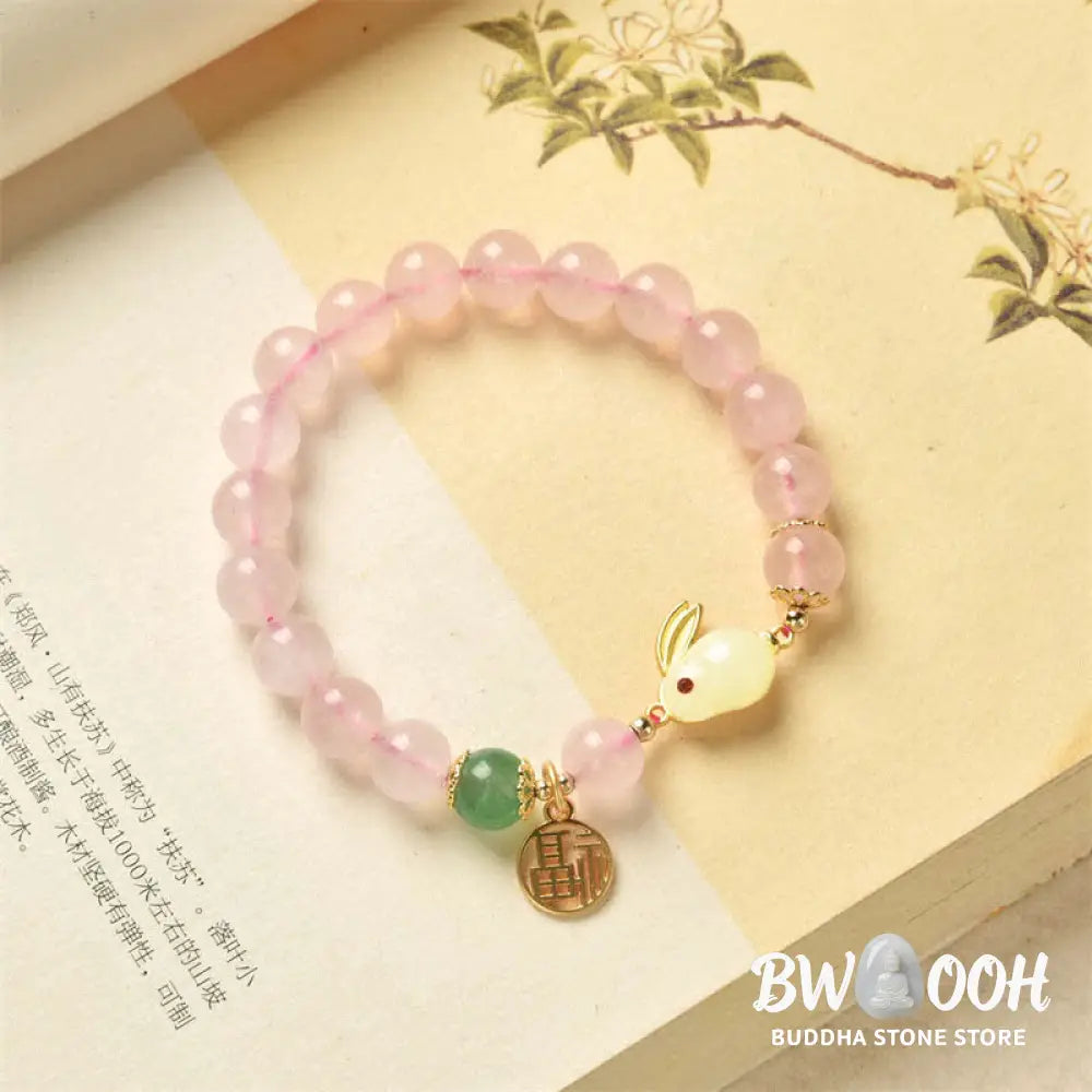 Year of the Rabbit Natural Pink Crystal Green Agate Bunny Love Happiness Bracelet - BWOOOH - Pink
