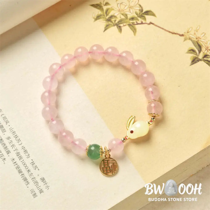 Year of the Rabbit Natural Pink Crystal Green Agate Bunny Love Happiness Bracelet - BWOOOH - Pink