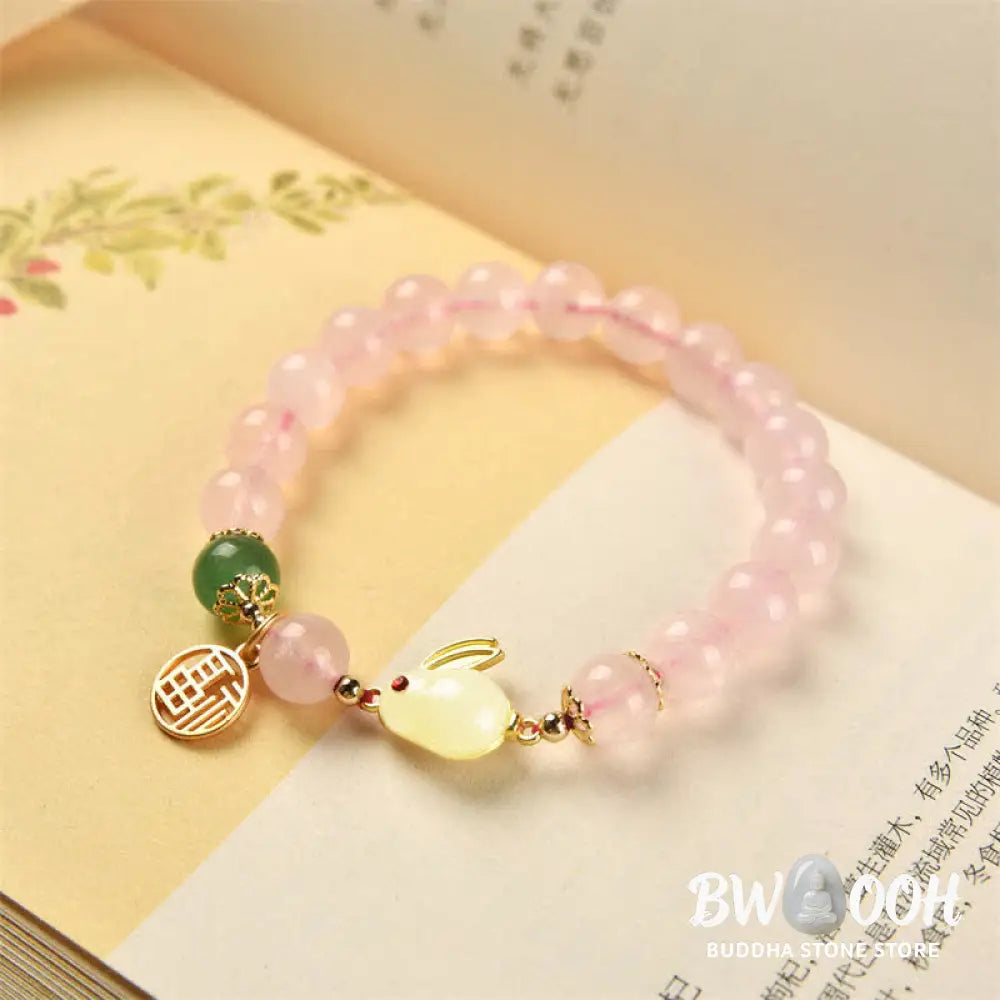 Year of the Rabbit Natural Pink Crystal Green Agate Bunny Love Happiness Bracelet - BWOOOH - Pink