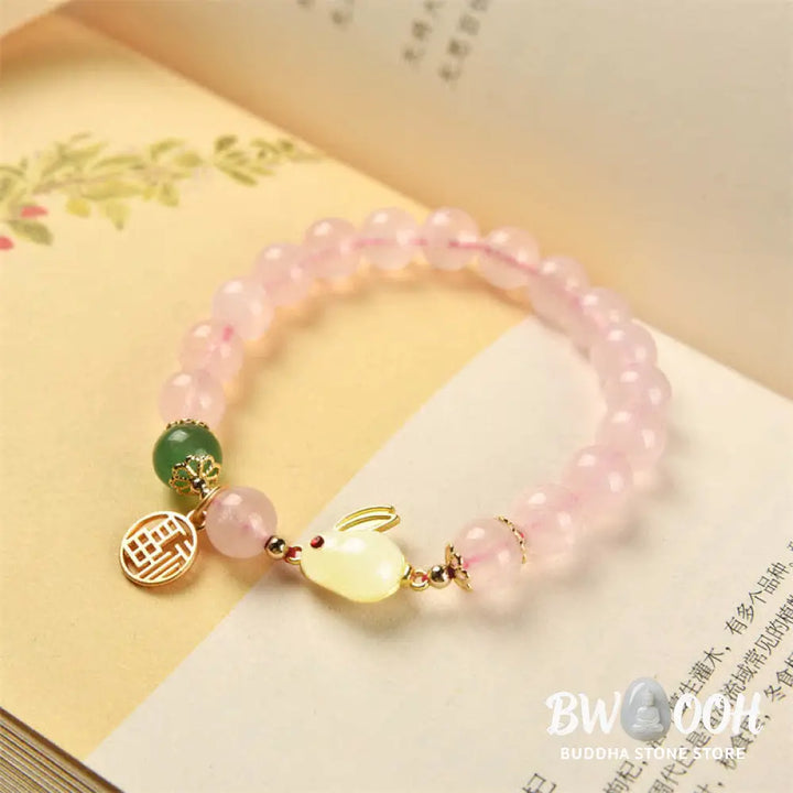 Year of the Rabbit Natural Pink Crystal Green Agate Bunny Love Happiness Bracelet - BWOOOH - Pink
