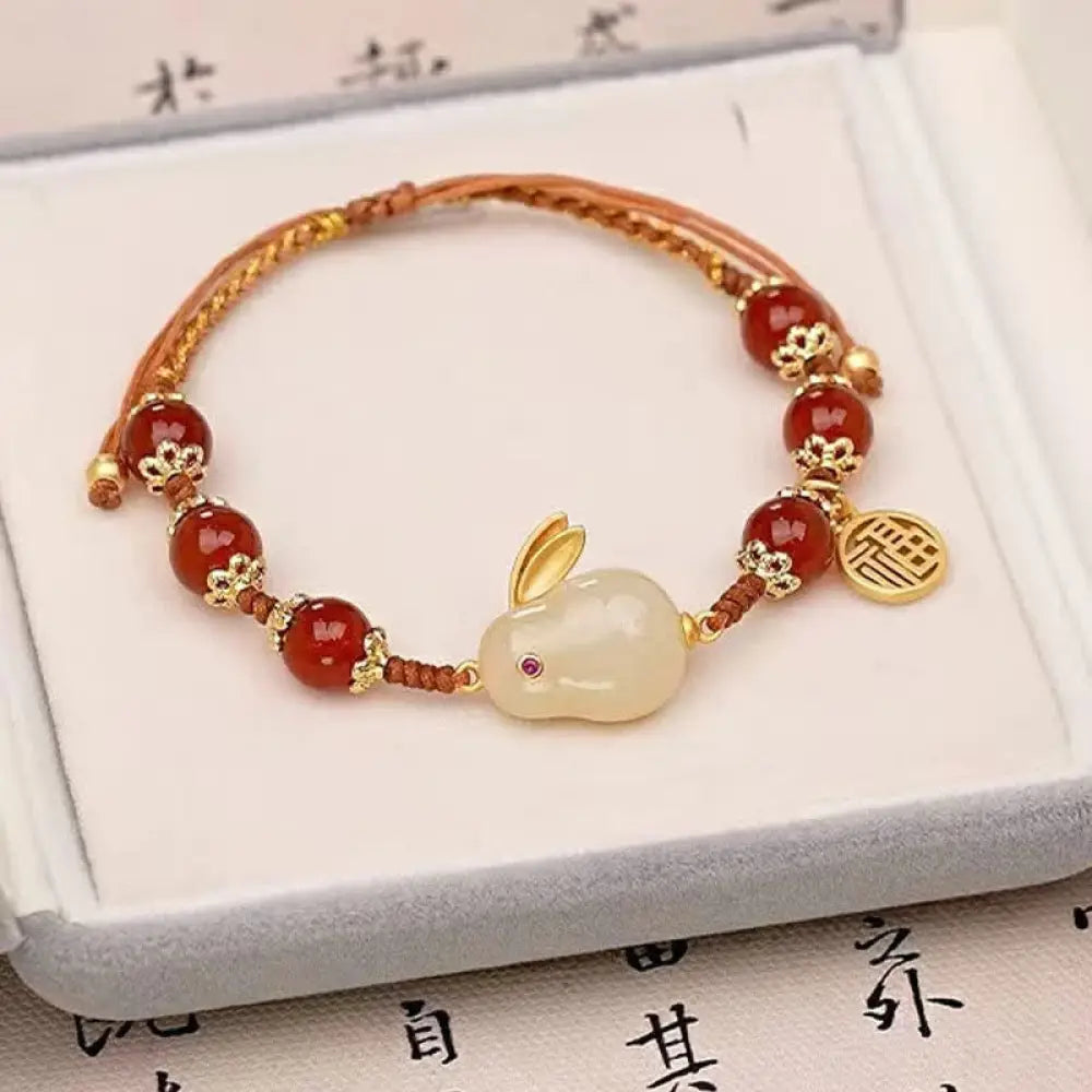 Year of the Rabbit Red Agate Jade Bunny Confidence String Bracelet - BWOOOH - Red Agate(Confidence♥Calm) - Bracelet